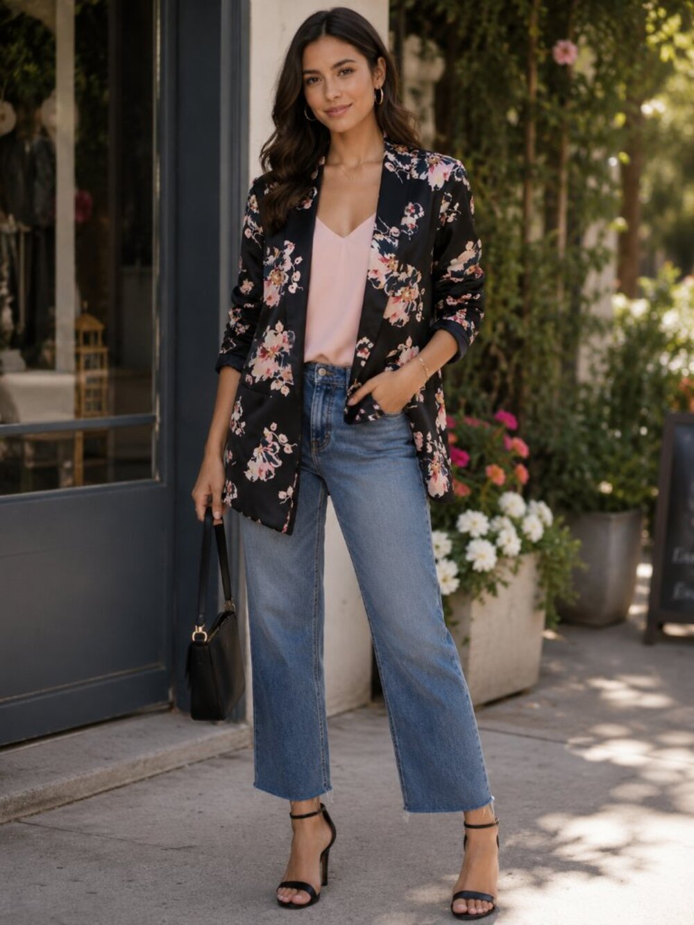 Anthropologie Ett:Twa Black & Pink Floral Tatie Satin Open Blazer Jacket S